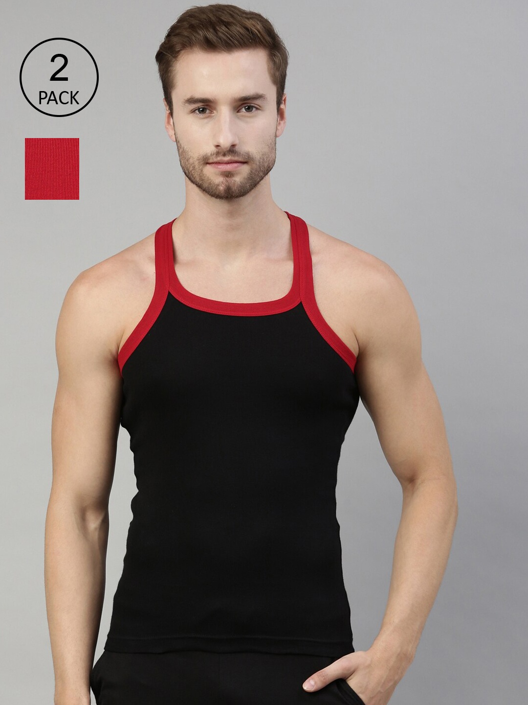 

DIXCY SCOTT Men Black And Red Pack Of 2 Solid Innerwear Gym Vests