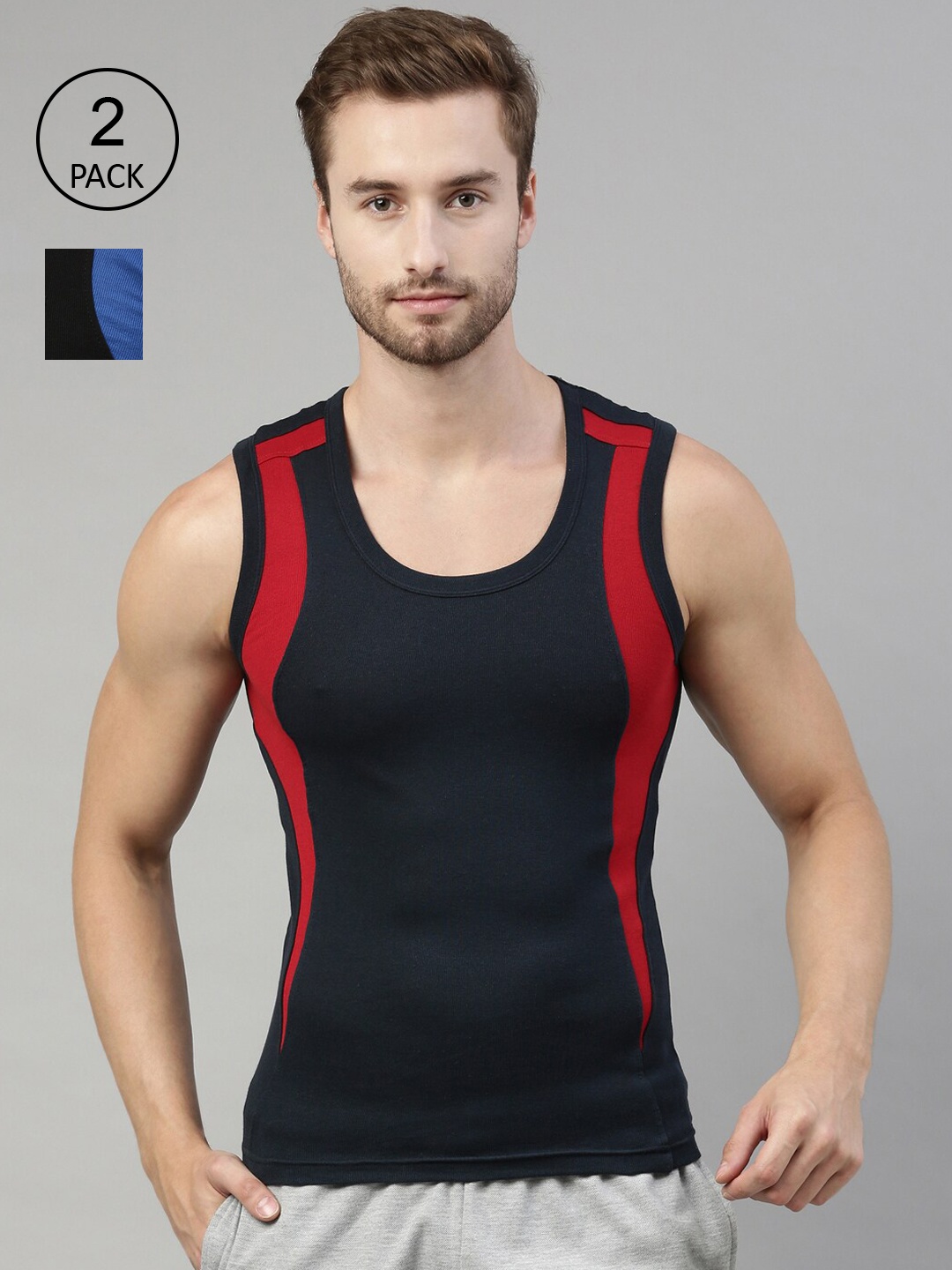 

DIXCY SCOTT Men Pack Of 2 Solid Cotton Innerwear Gym Vests, Black