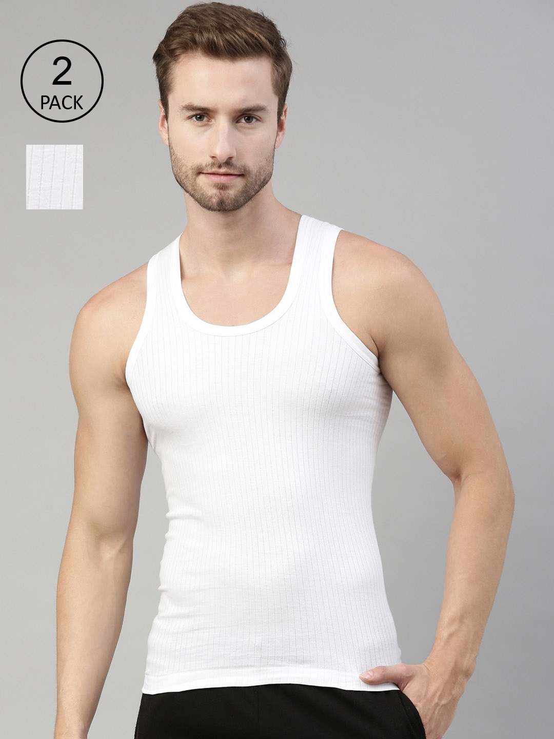 

DIXCY SCOTT Men Pack Of 2 Solid Cotton Innerwear Gym Vests, White