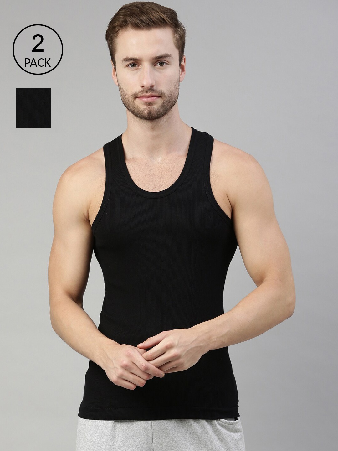 

DIXCY SCOTT Men Pack Of 2 Black Solid Combed Cotton Gym Vests