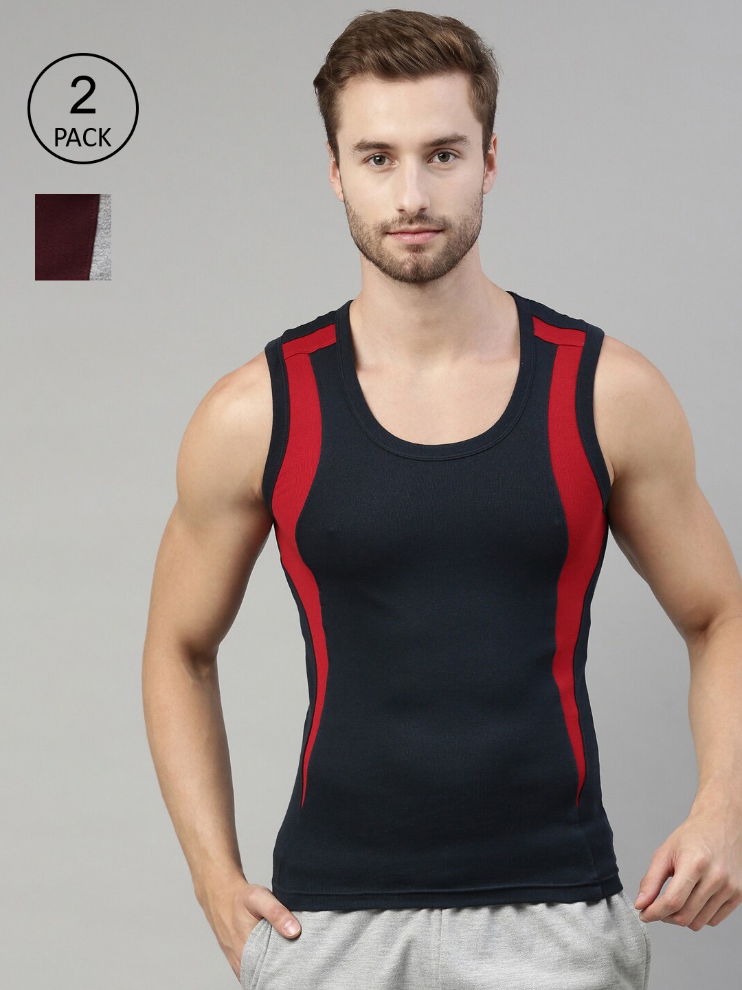 

DIXCY SCOTT Men Pack of 2 Colourblocked Cotton Innerwear Gym Vests, Navy blue