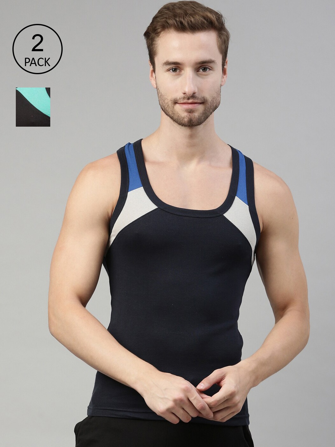 

DIXCY SCOTT Men Navy Blue & Charcoal Solid Cotton Innerwear Gym Vests Pack Of 2
