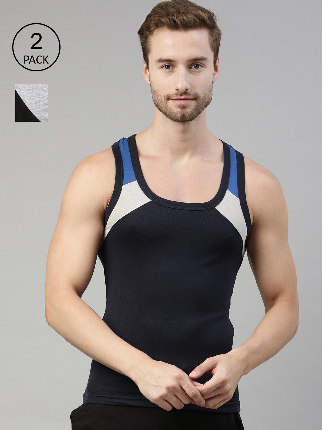 

DIXCY SCOTT Men Pack Of 2 Navy Blue Solid Cotton Innerwear Vest