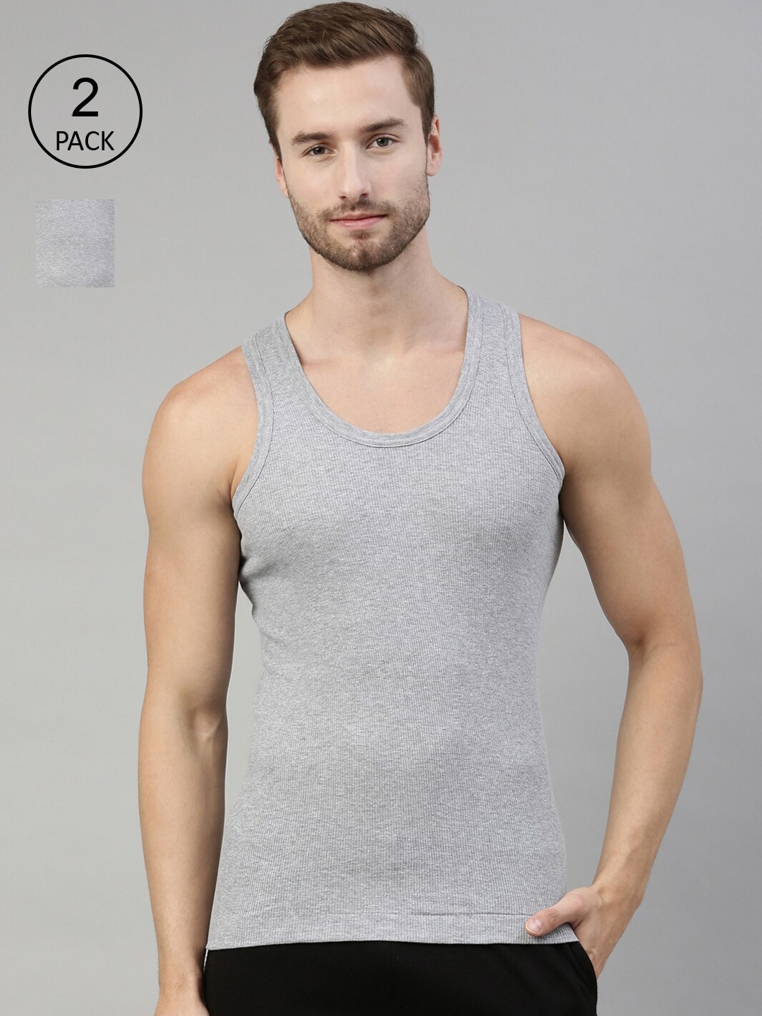 

DIXCY SCOTT Men Pack Of 2 Solid Cotton Innerwear Vests, Grey melange
