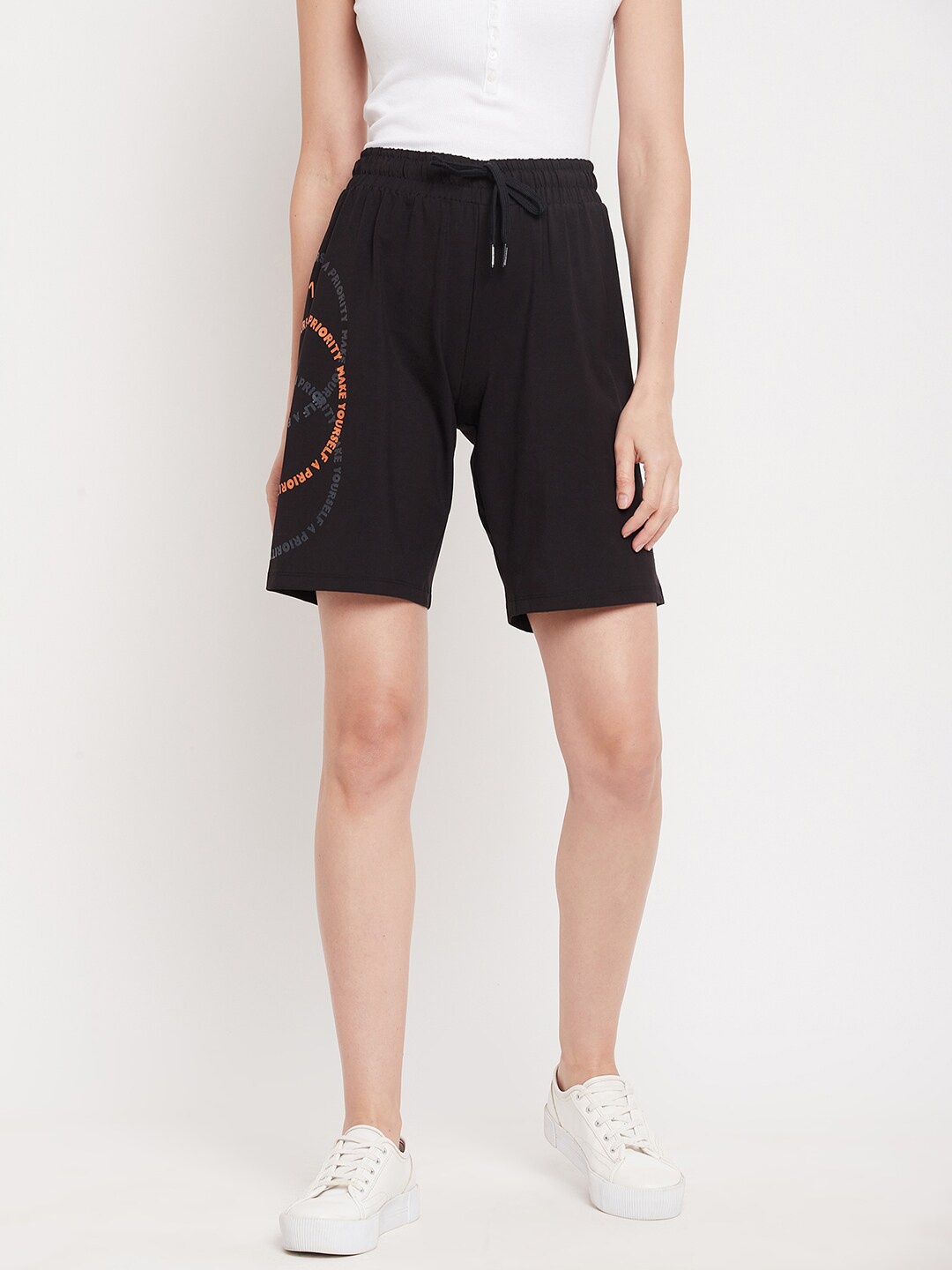 

Madame Women Black Typography Printed Loose Fit Shorts