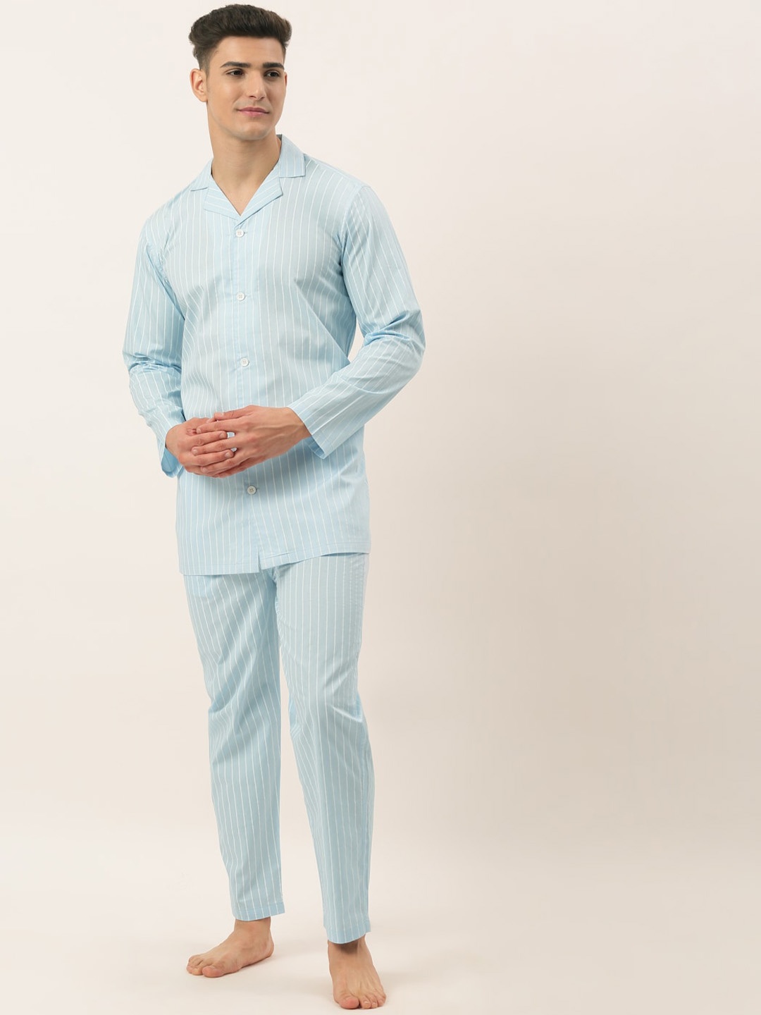 

JAINISH Men Blue & White Striped Night suit