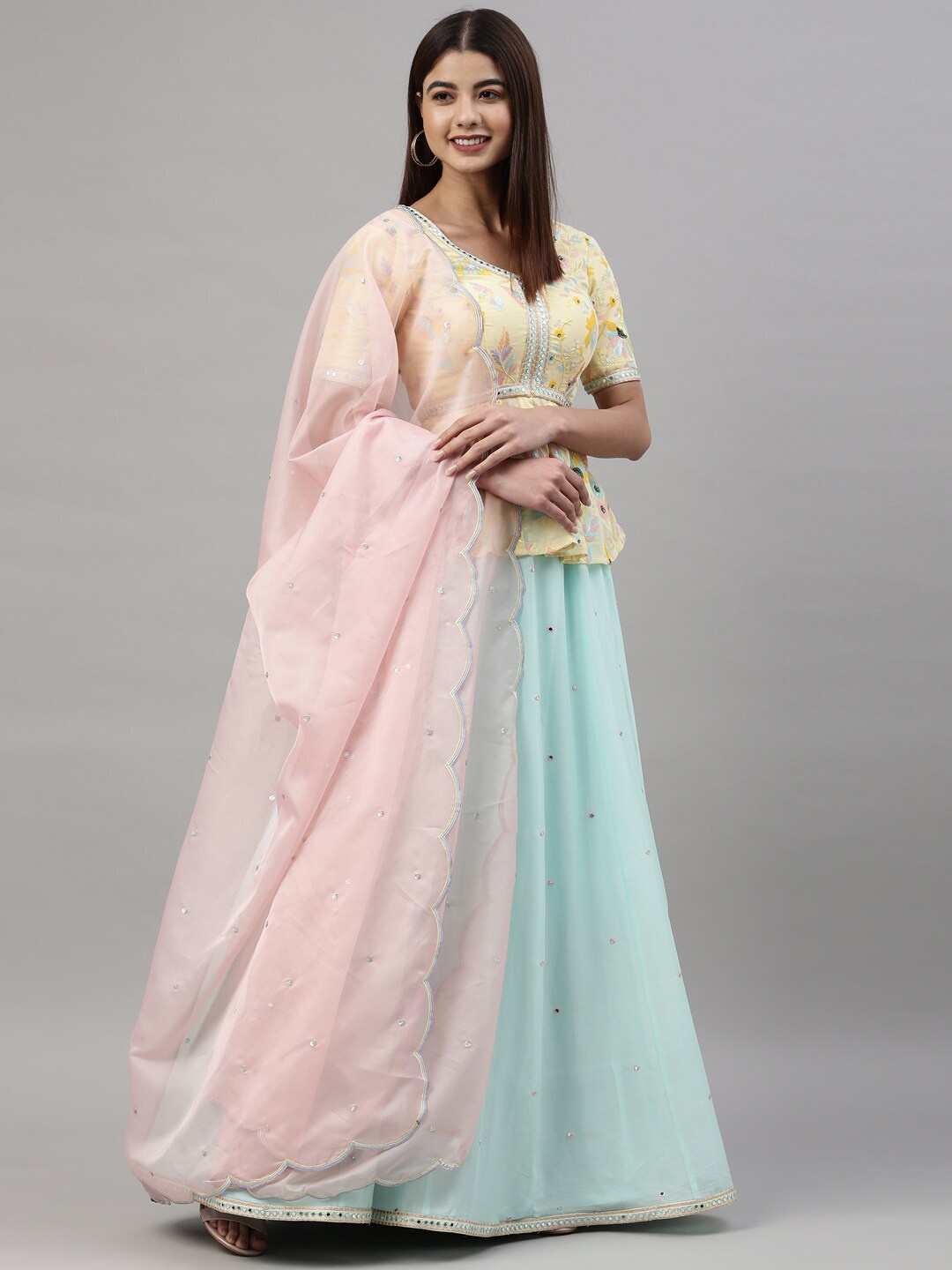 

panchhi Sea Green & Yellow Embroidered Sequinned Semi-Stitched Lehenga & Unstitched Blouse With Dupatta