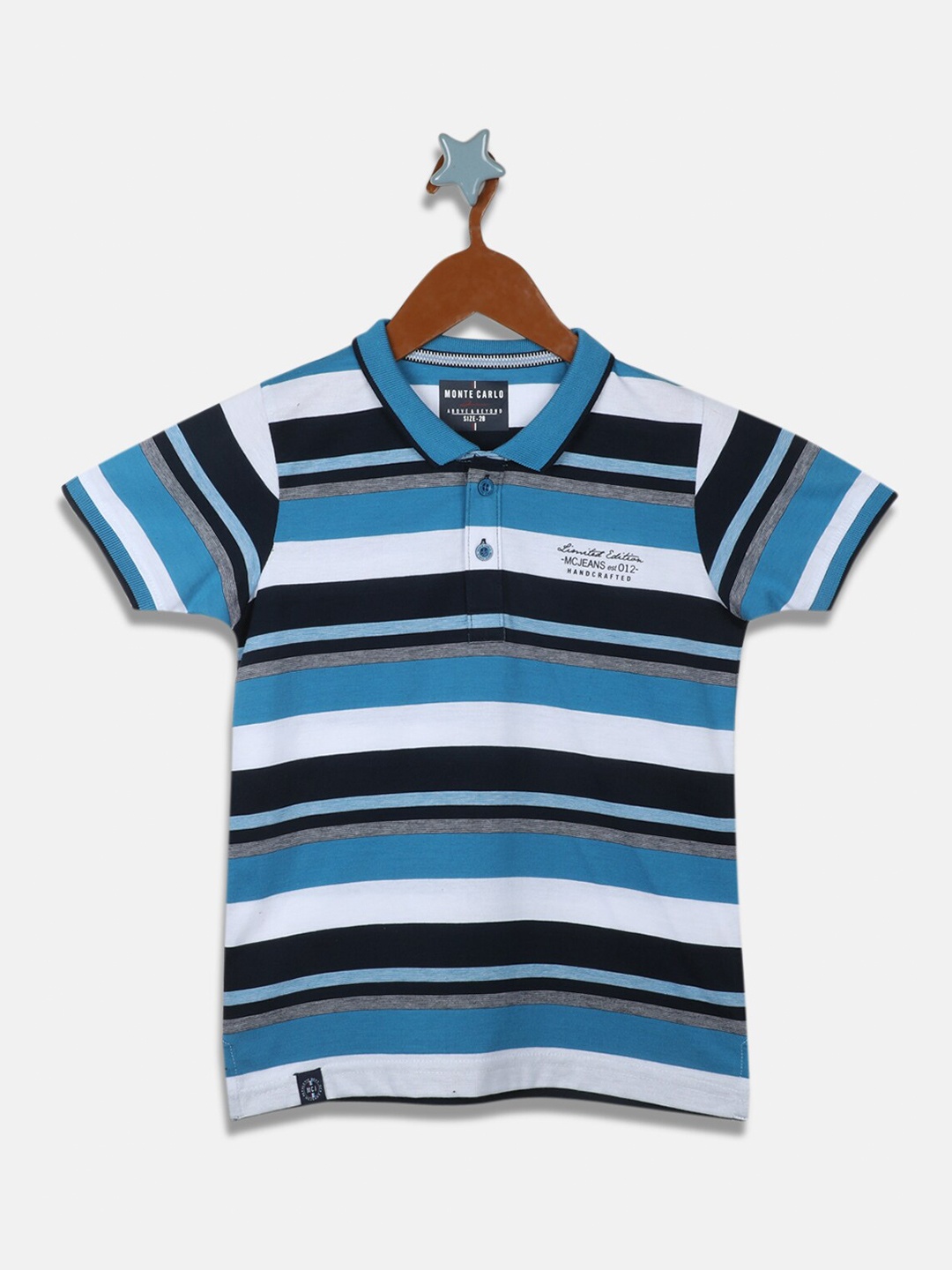 

Monte Carlo Boys Turquoise Blue & Black Striped Polo Collar Knitted T-shirt