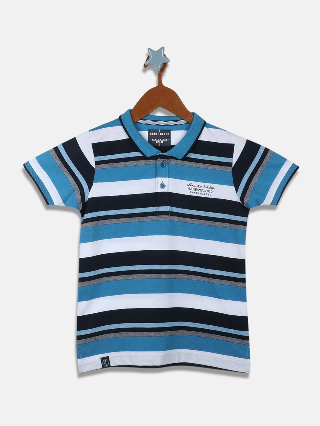 

Monte Carlo Boys Turquoise Blue Striped Polo Collar T-shirt