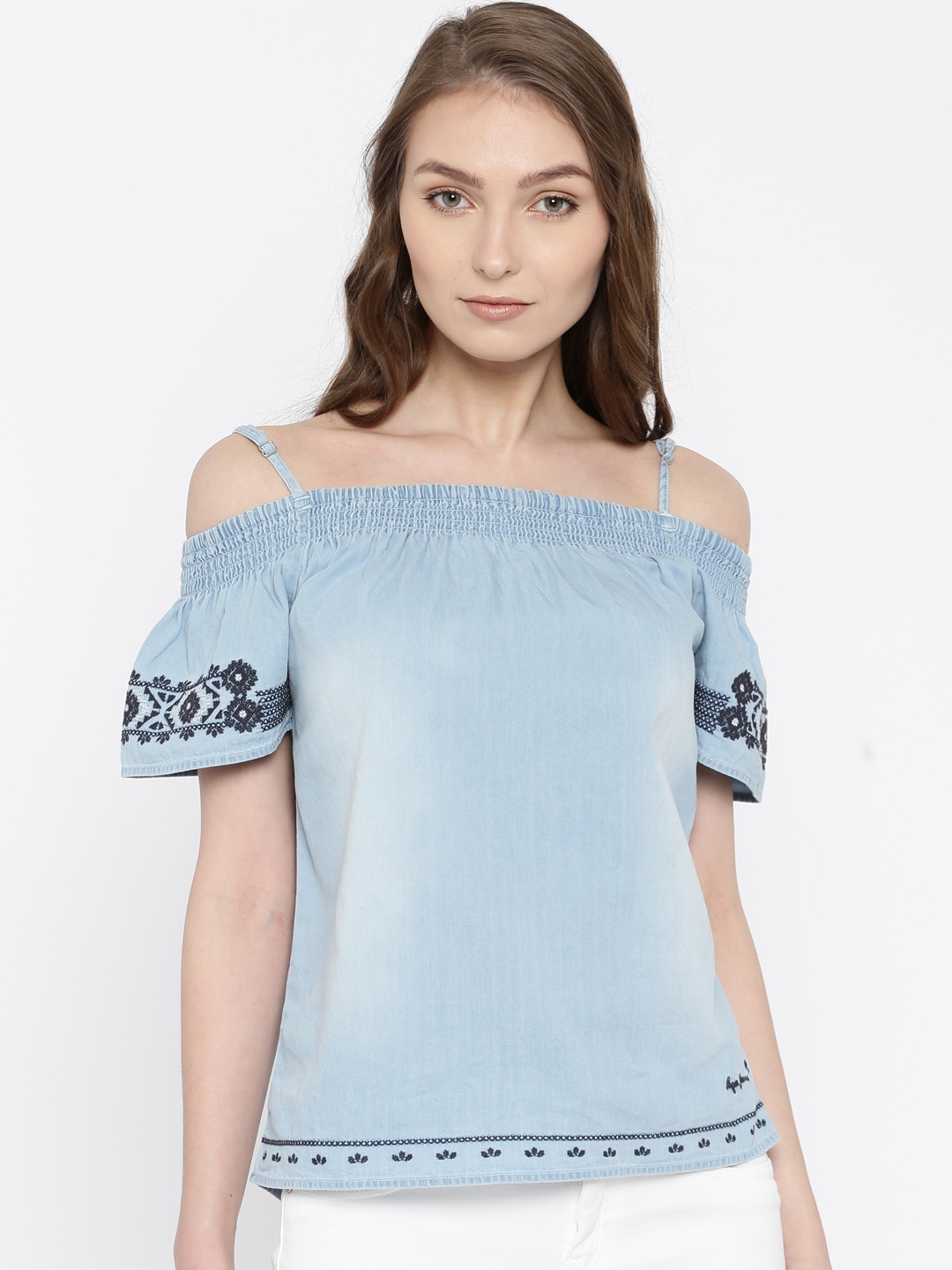 

Pepe Jeans Women Blue Cold Shoulder Pure Cotton Top