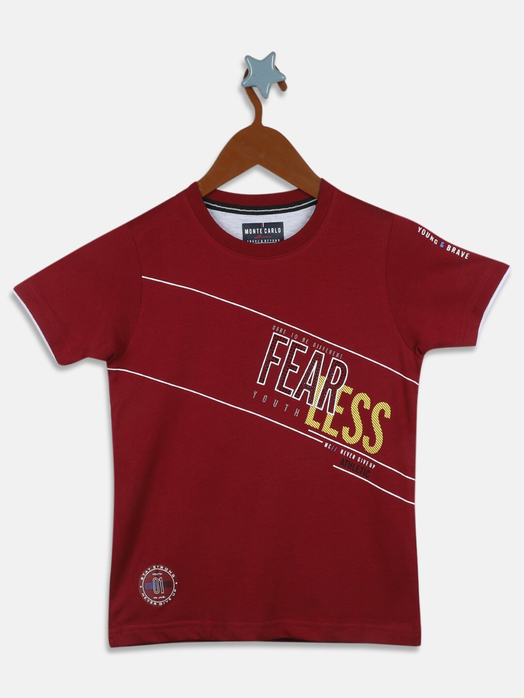 

Monte Carlo Boys Maroon & Yellow Typography Printed T-shirt