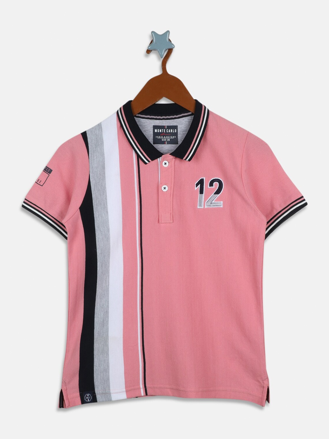 

Monte Carlo Boys Pink Typography Striped Polo Collar Applique T-shirt