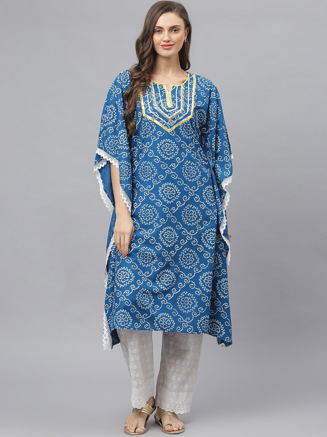 

Stylum Women Blue Bandhani Printed Keyhole Neck Flared Sleeves Gotta Patti Kaftan Kurta