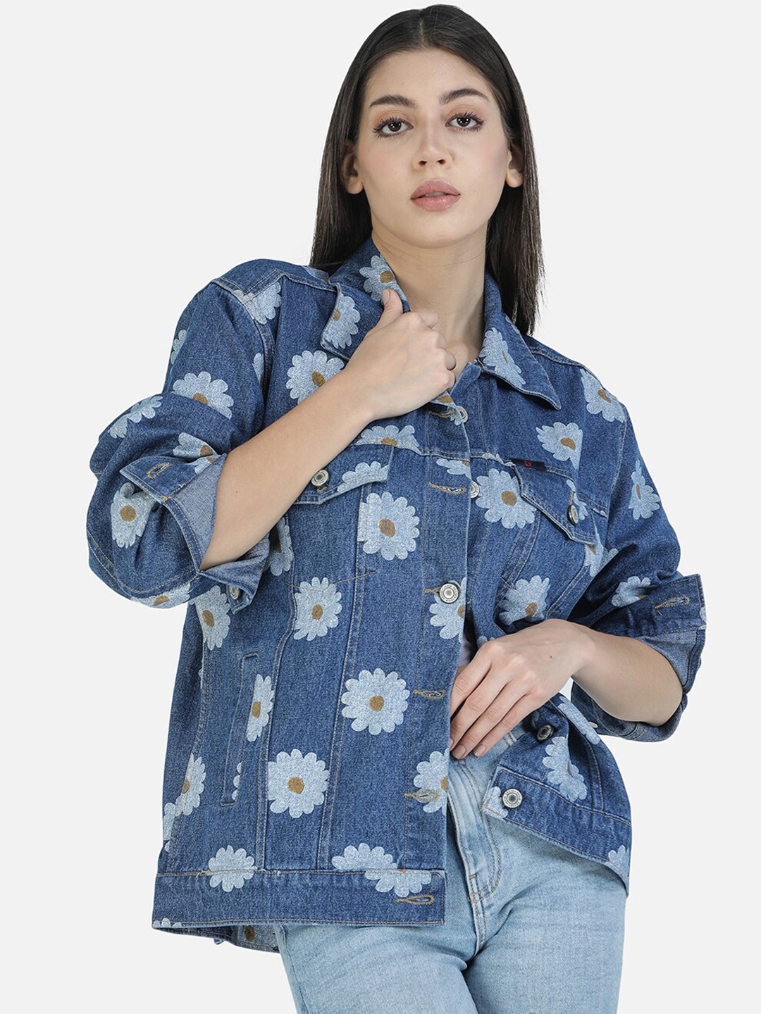 

DECHEN Women Blue & Mustard Yellow Daisy Printed Oversized Cotton Denim Jacket