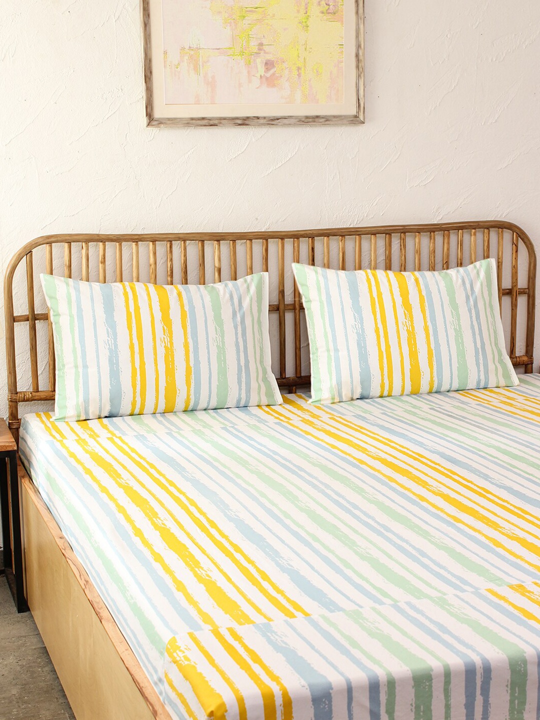 

House This Yellow & White Striped 180 TC Cotton Single Bedsheet with 1 Pillow Cover