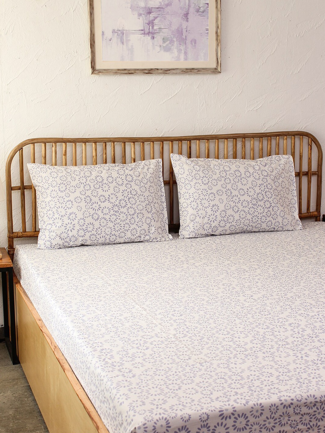 

House This White & Purple Floral 180 TC Cotton Single Bedsheet with 1 Pillow Cover