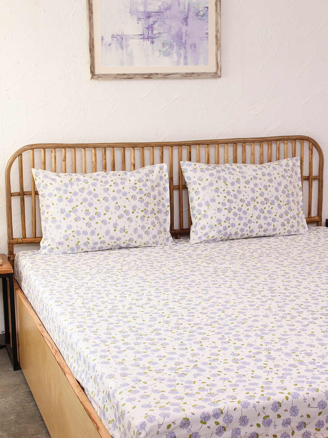 

House This White & Purple Floral 180 TC Cotton Single Bedsheet with 1 Pillow Cover