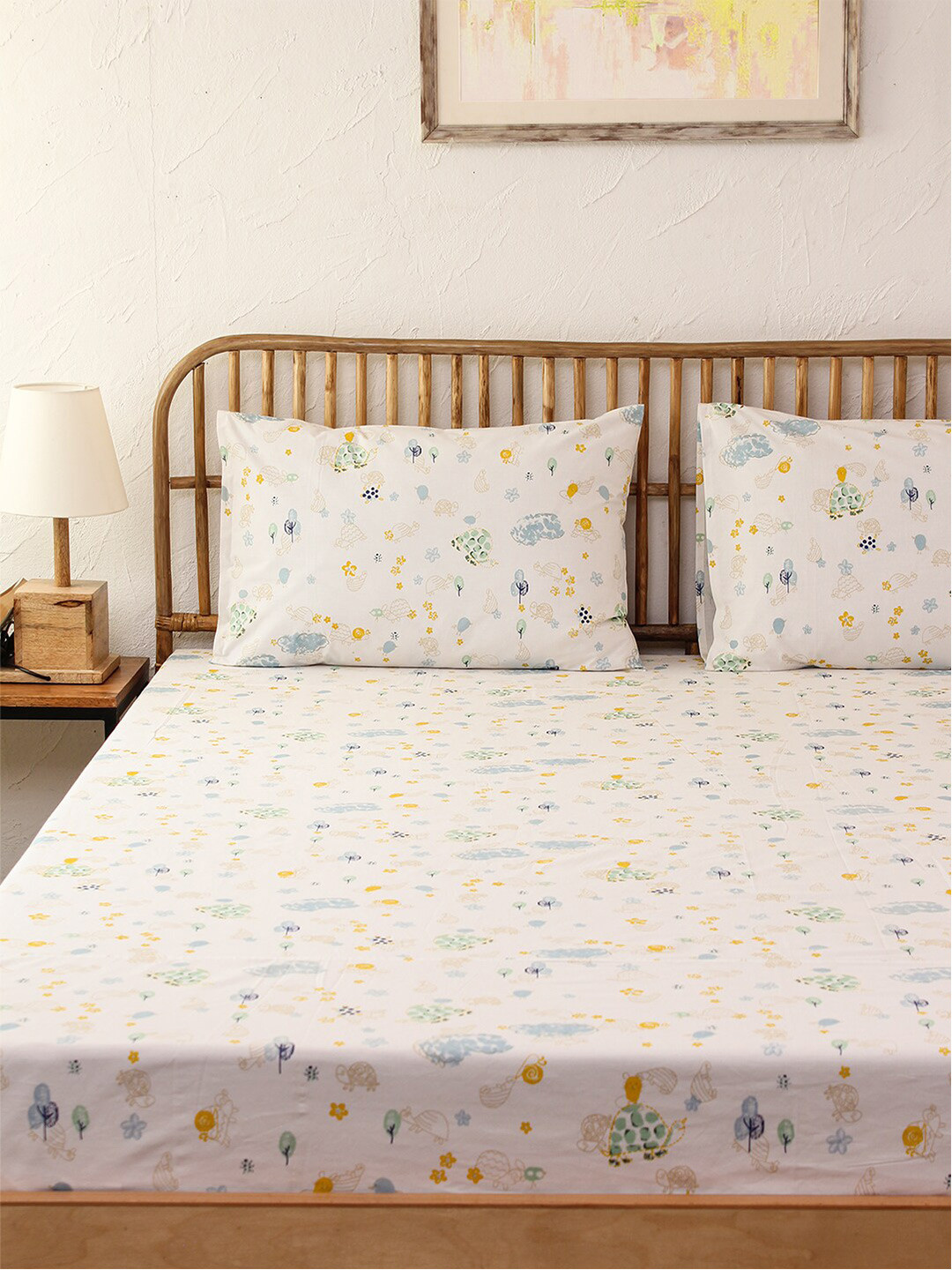 

House This White & Green Conversational 180 TC Cotton Single Bedsheet with 1 Pillow Cover