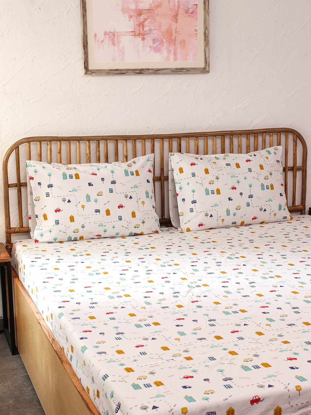 

House This Multicoloured 180 TC Queen Bedsheet with 2 Pillow Covers, Multi