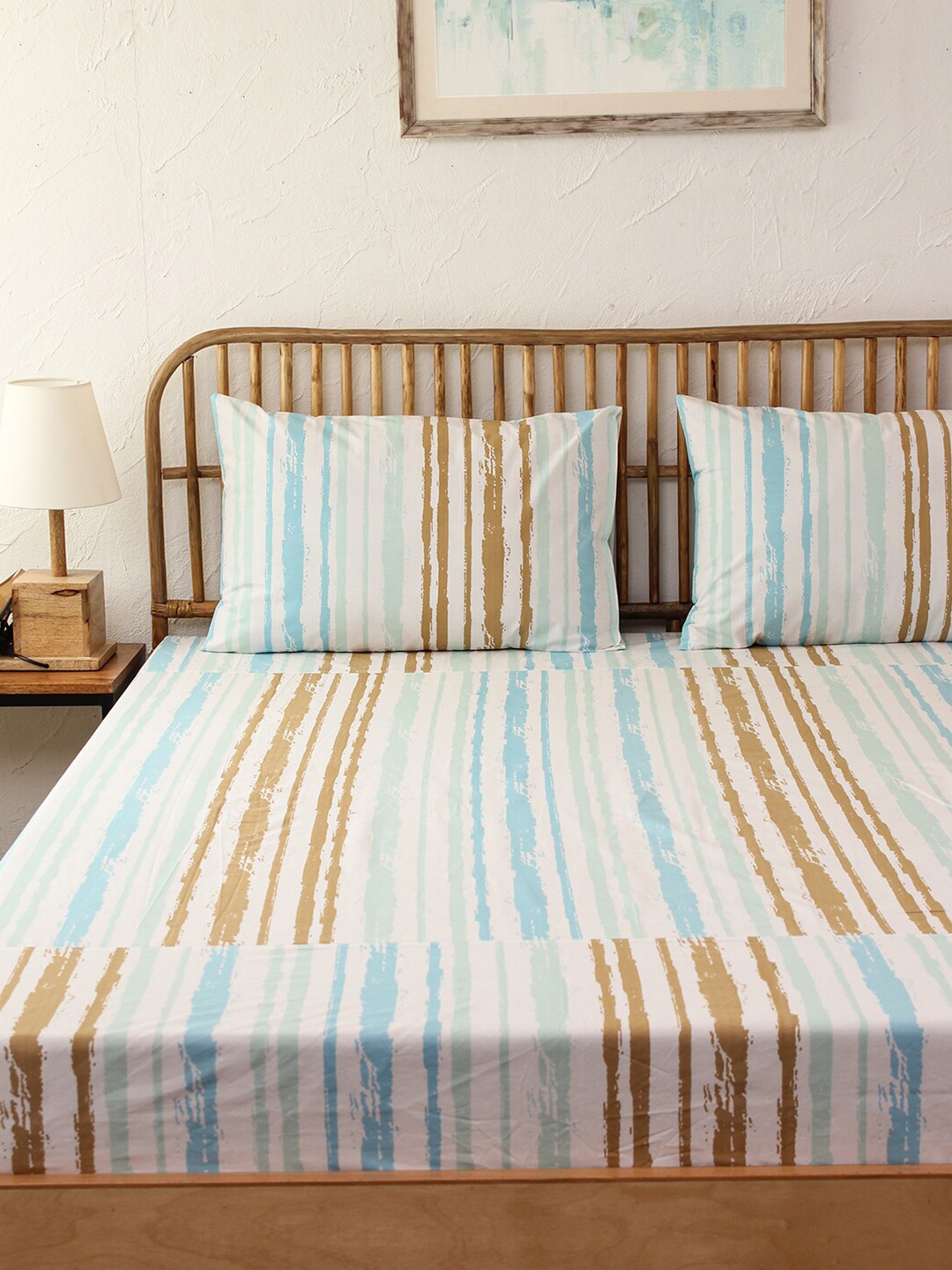 

House This Brown & Blue Striped 180 TC Single Bedsheet with 1 Pillow Covers