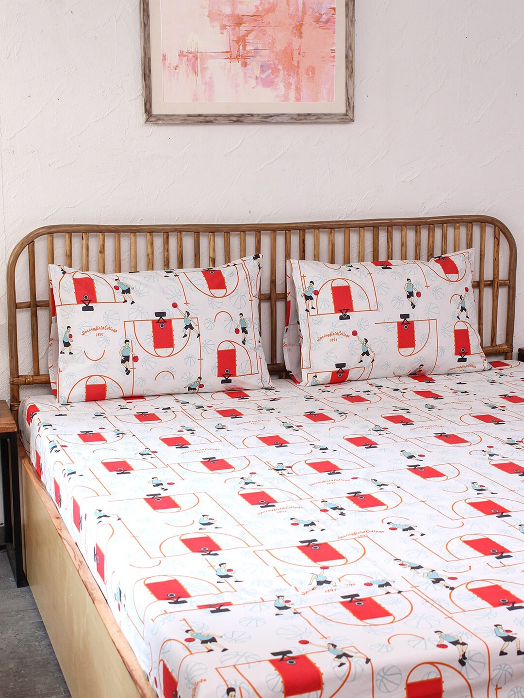 

House This Red & White Graphic 180 TC Single Bedsheet with 1 Pillow Covers