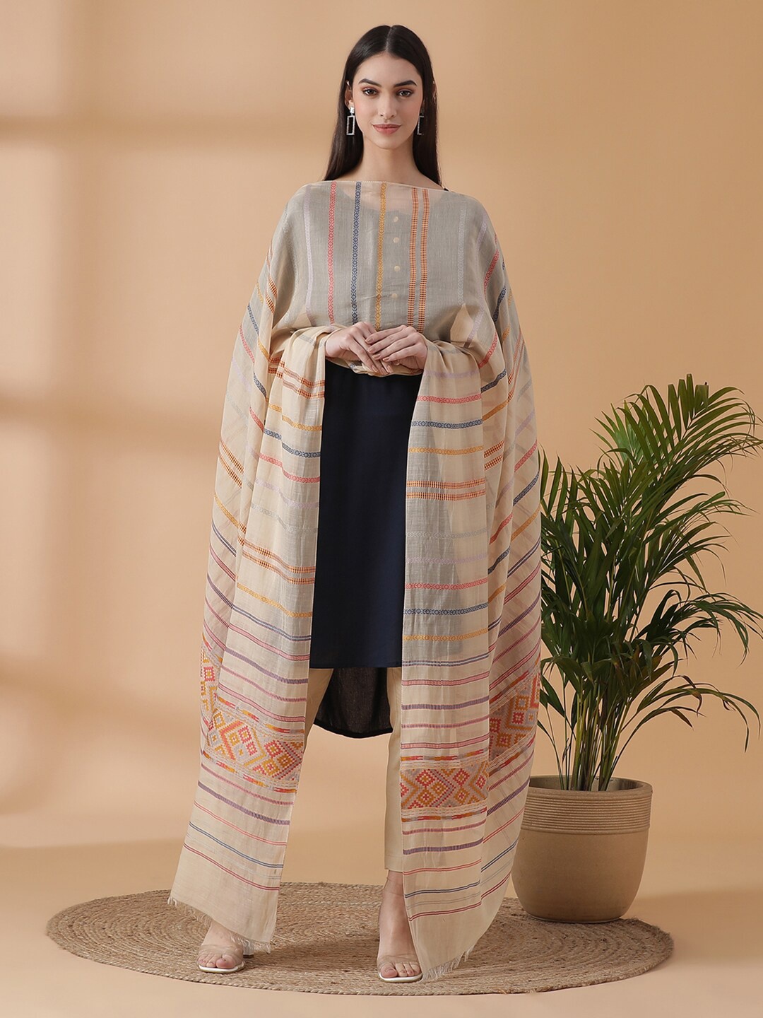 

SHINGORA Beige & Blue Woven Design Dupatta with Zari