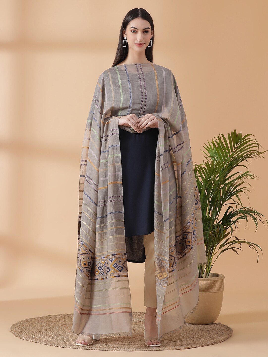 

SHINGORA Grey Woven Design Dupatta with Zari