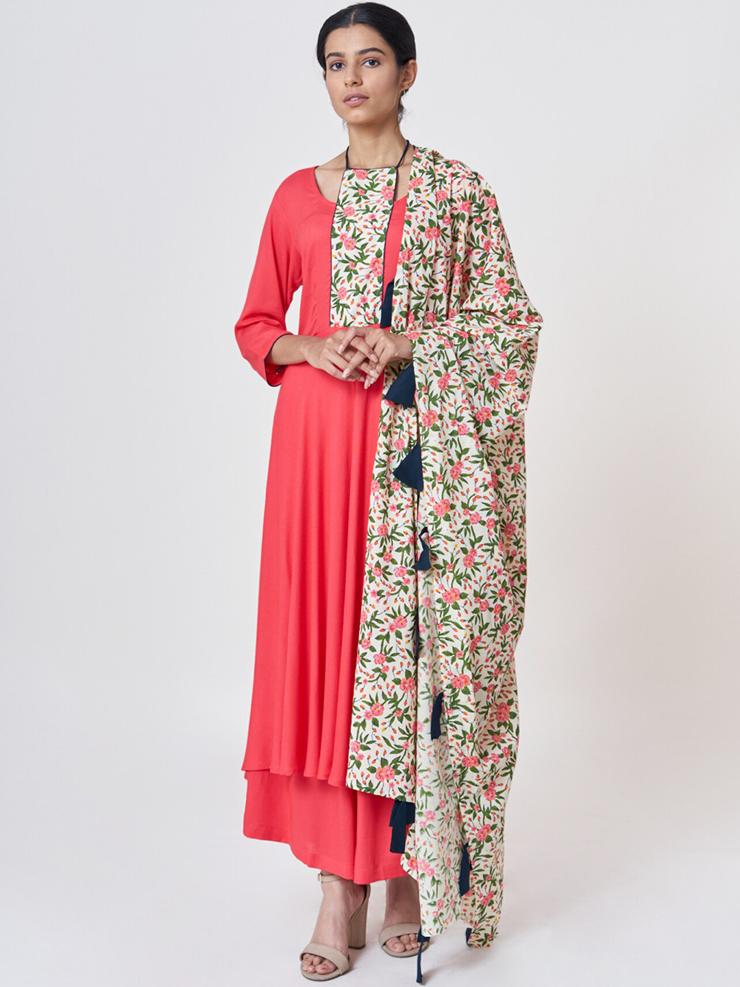 

SHRINKHLA Women Pink Floral Yoke Design Pure Cotton Kurta with Palazzos With Dupatta