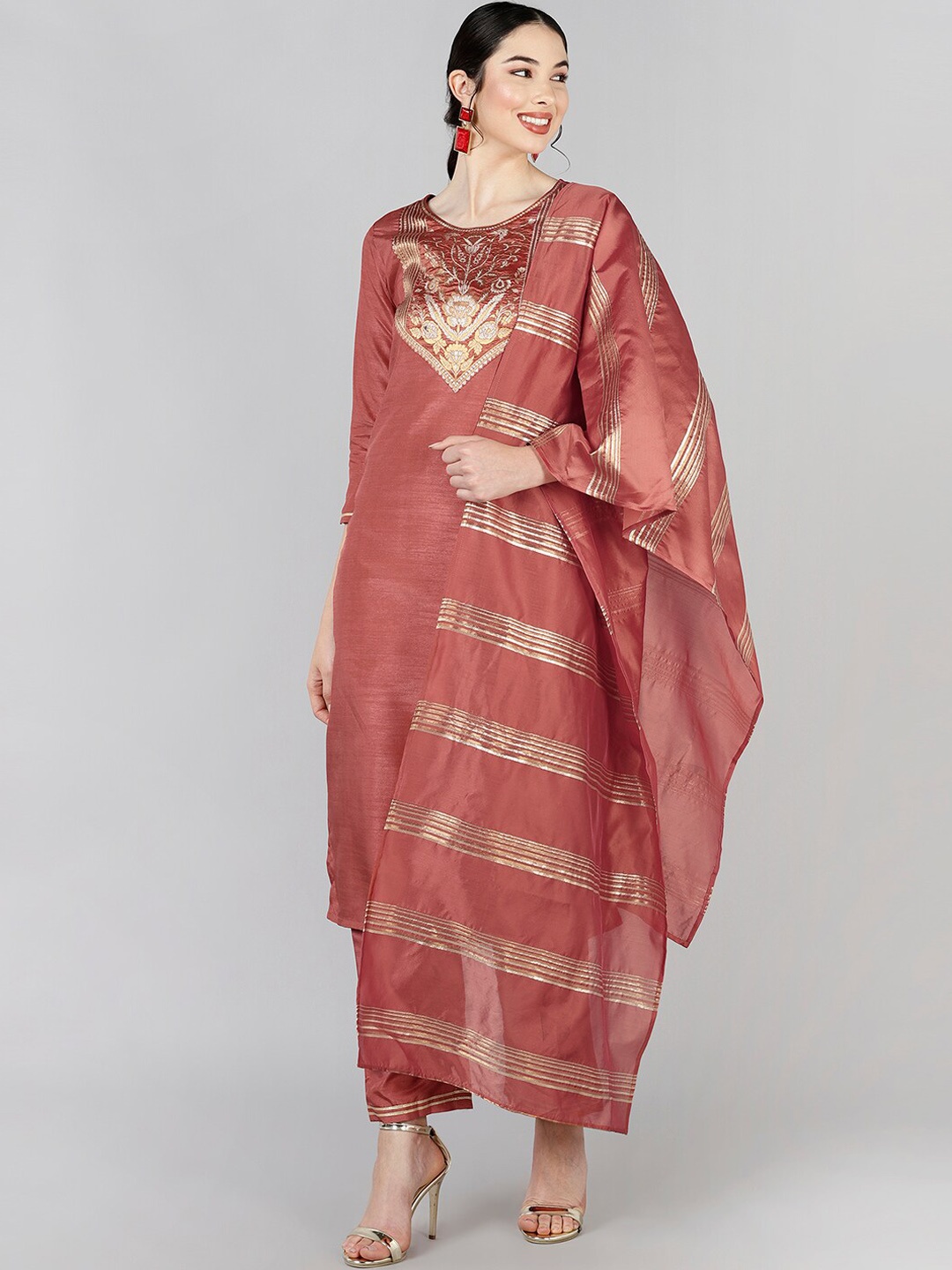 

AHIKA Women Rust Ethnic Motifs Yoke Design Kurti with Trousers