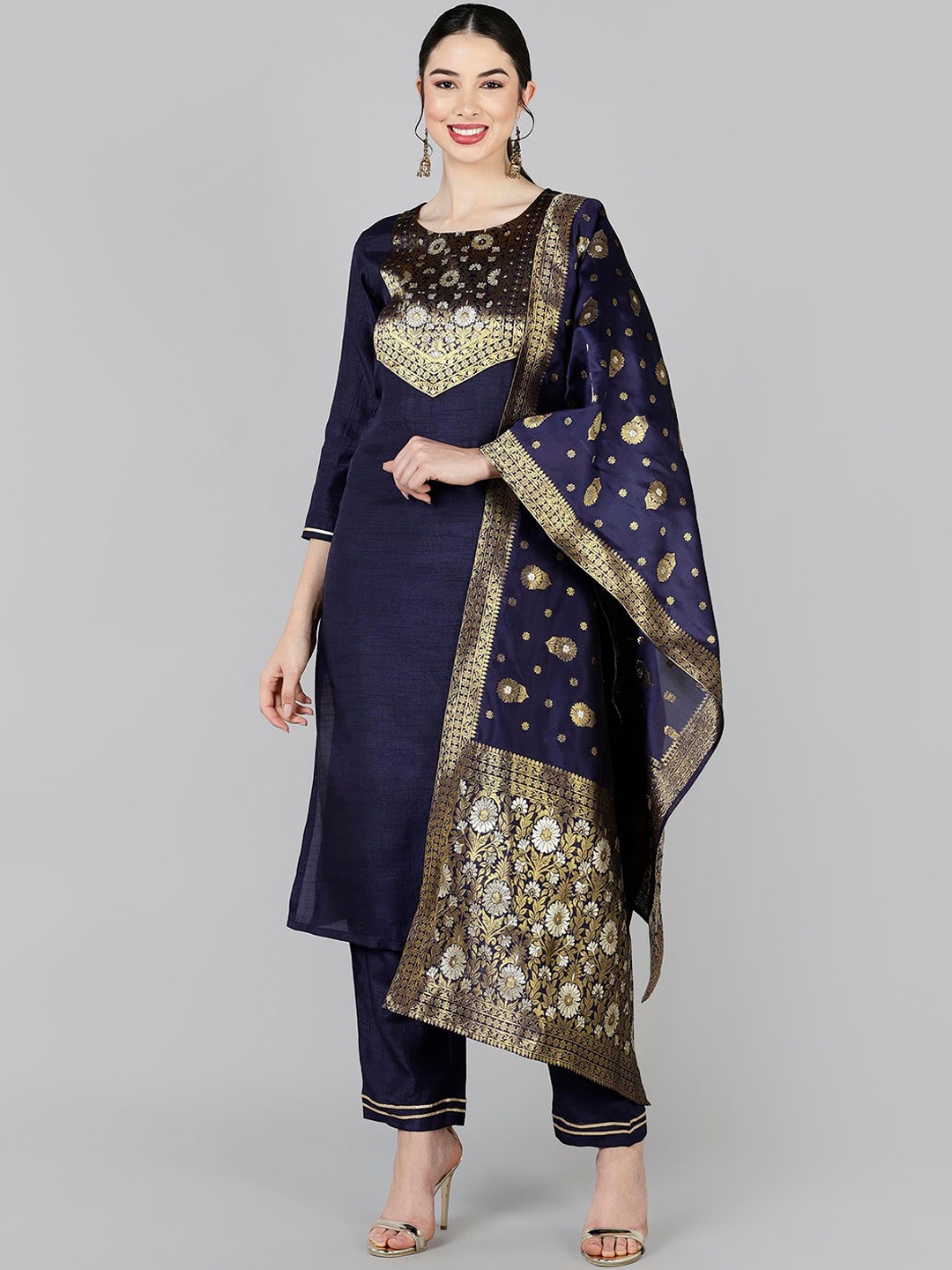 

AHIKA Women Navy Blue Floral High Slit Kurti with Trousers & With Dupatta