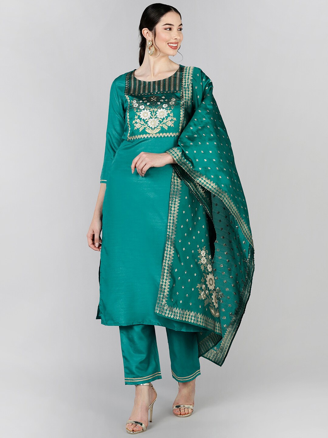 

AHIKA Women Teal Floral Embroidered Kurta with Trousers