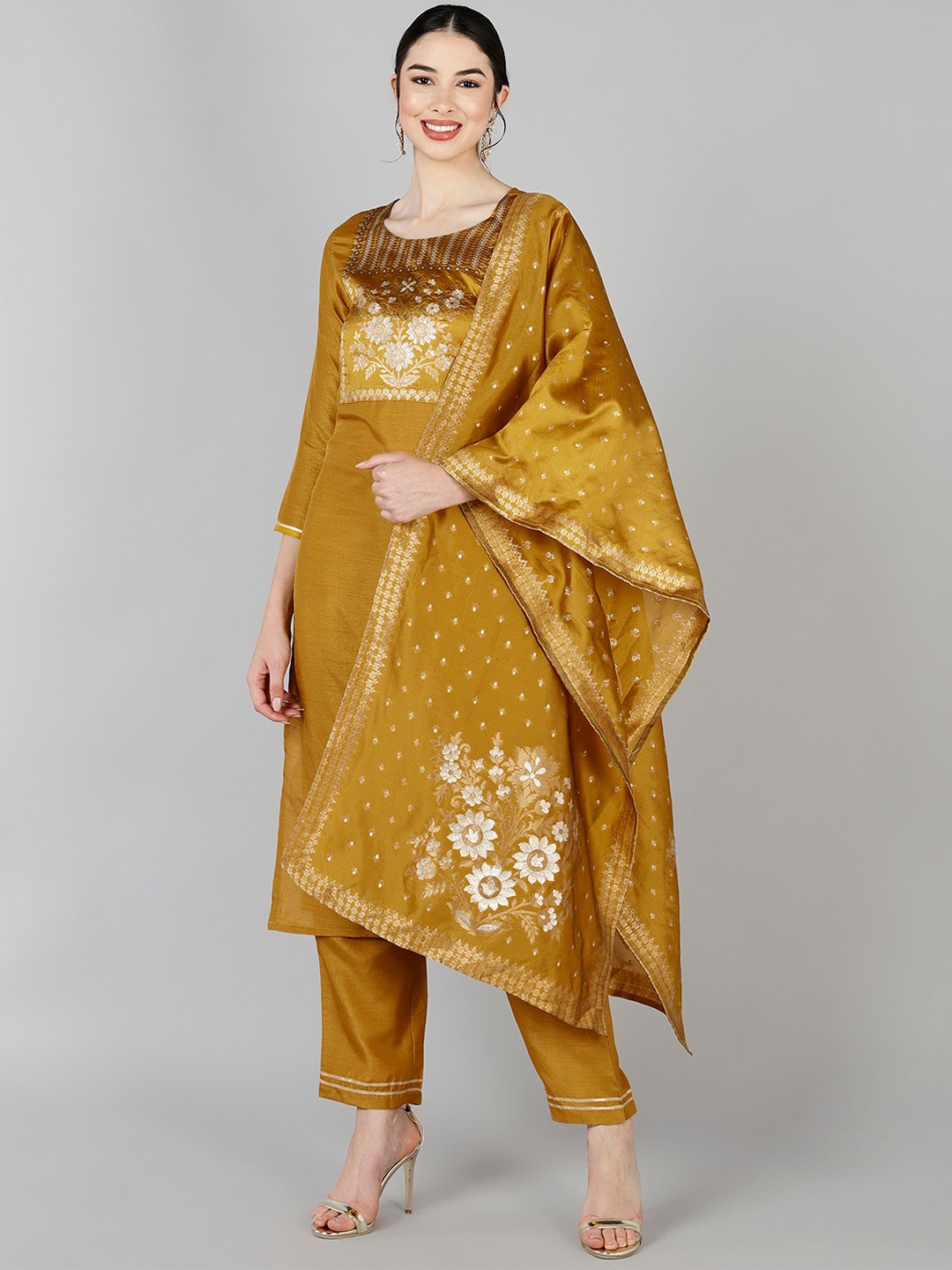 

AHIKA Women Mustard Yellow Floral Yoke Design Kurti with Trousers & With Dupatta