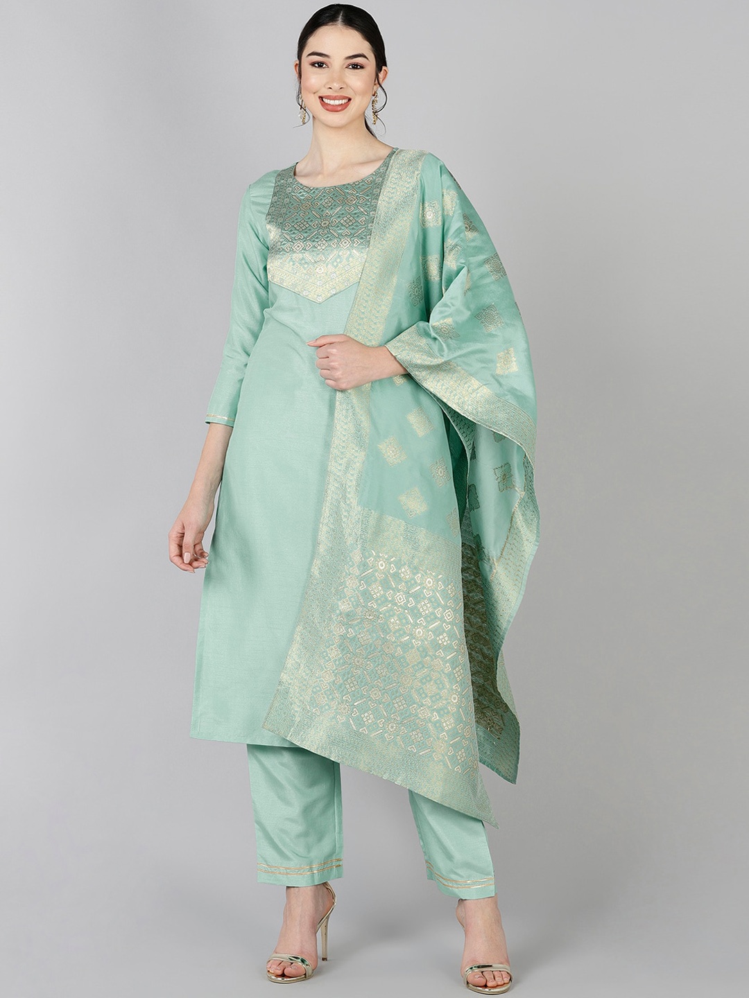 

AHIKA Women Sea Green Yoke Design Panelled Kurti with Trousers & With Dupatta