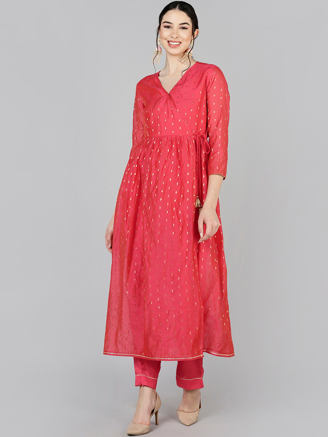 

AHIKA Women Coral Angrakha Kurta with Trousers