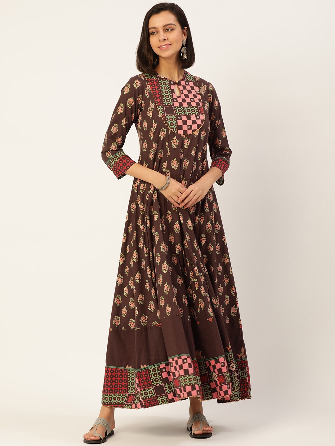 

MAAND Women Brown & Green Printed Anarkali Kurta