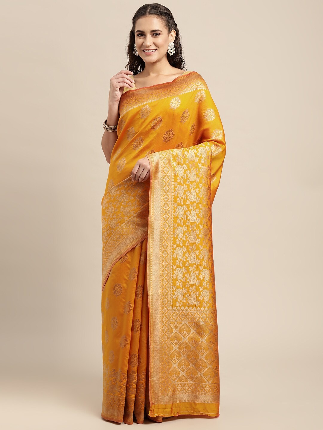 

Leeza Store Mustard Yellow Ethnic Motifs Zari Silk Blend Banarasi Saree