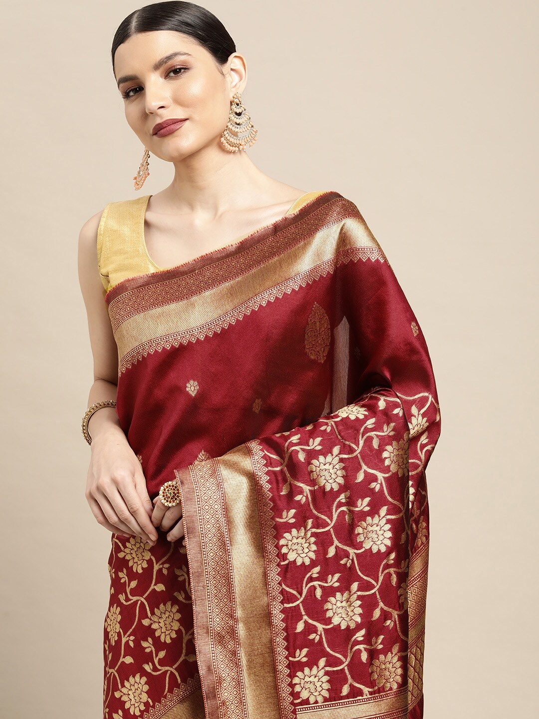 

Leeza Store Maroon & Golden Ethnic Motifs Woven Design Zari Silk Blend Banarasi Saree