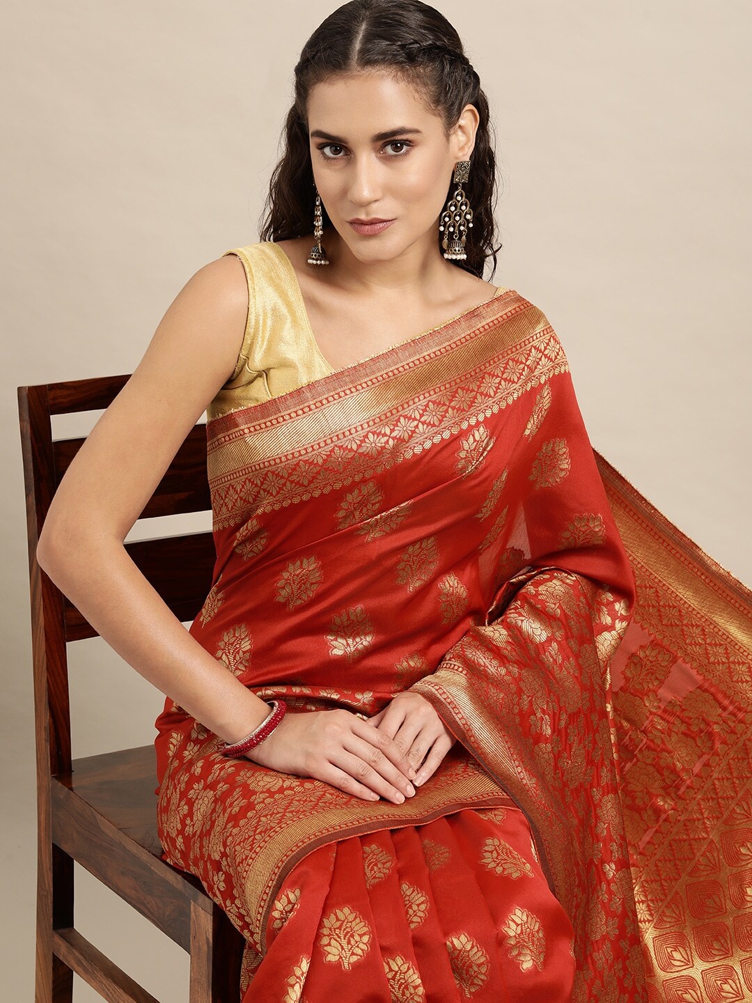 

Leeza Store Red & Golden Ethnic Motifs Zari Silk Blend Banarasi Saree