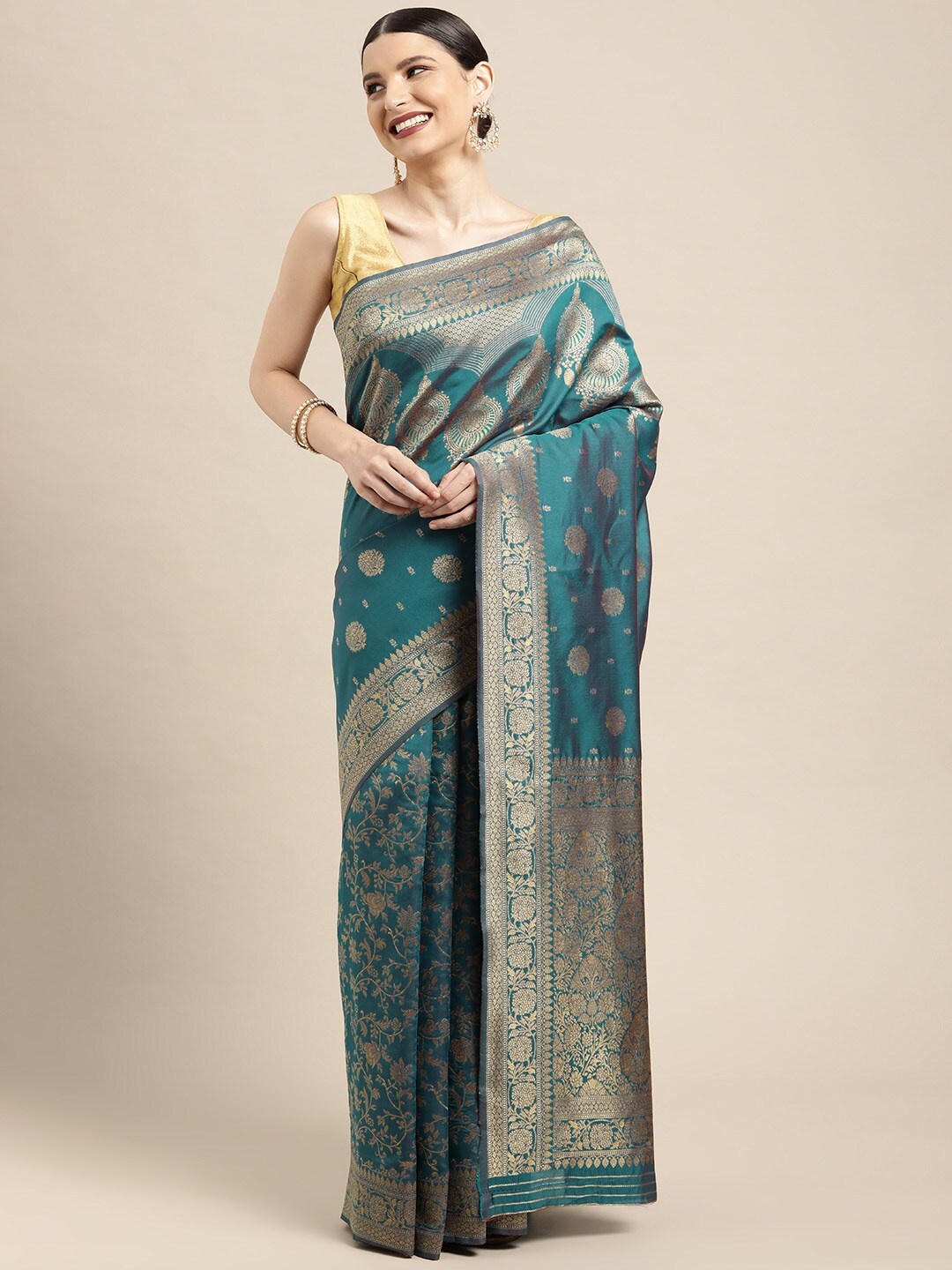 

Leeza Store Teal Blue Ethnic Motifs Woven Design Zari Silk Blend Banarasi Saree