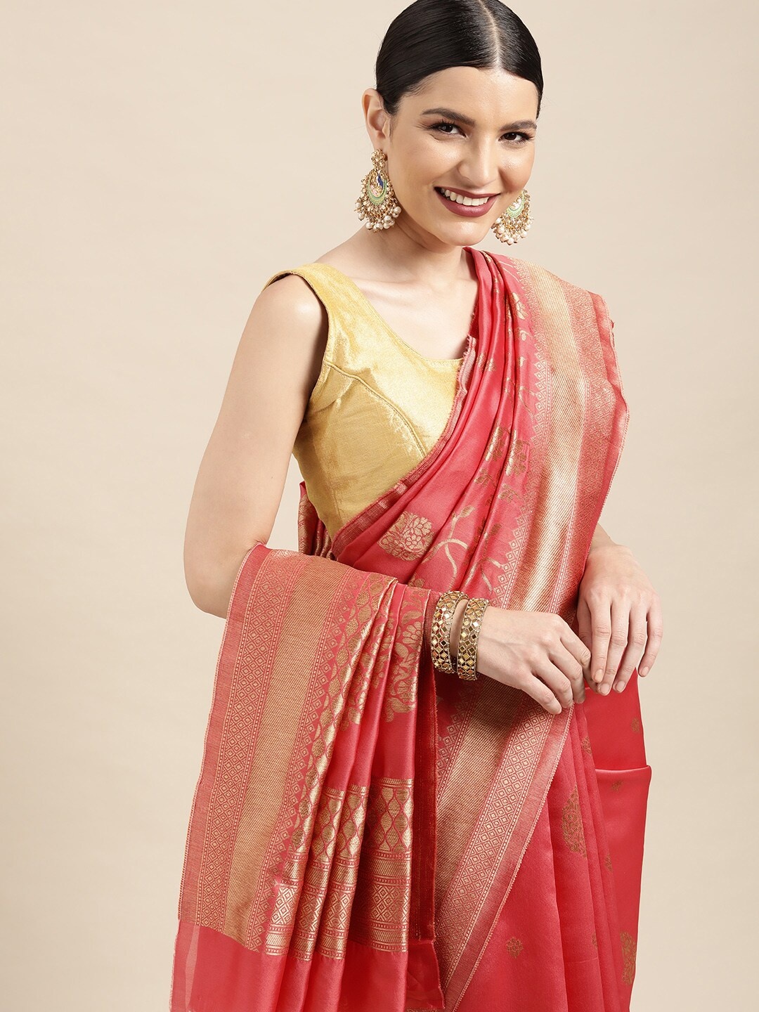 

Leeza Store Dusty Pink & Golden Ethnic Motifs Woven Design Zari Silk Blend Banarasi Saree