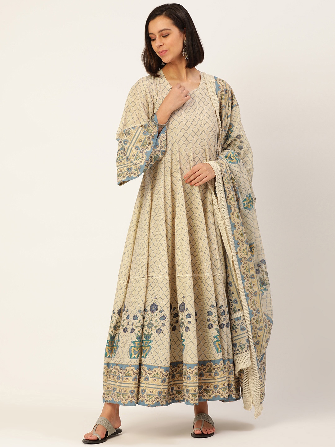 

MAAND Women Cream-Coloured & Blue Printed Anarkali Kurta With Dupatta