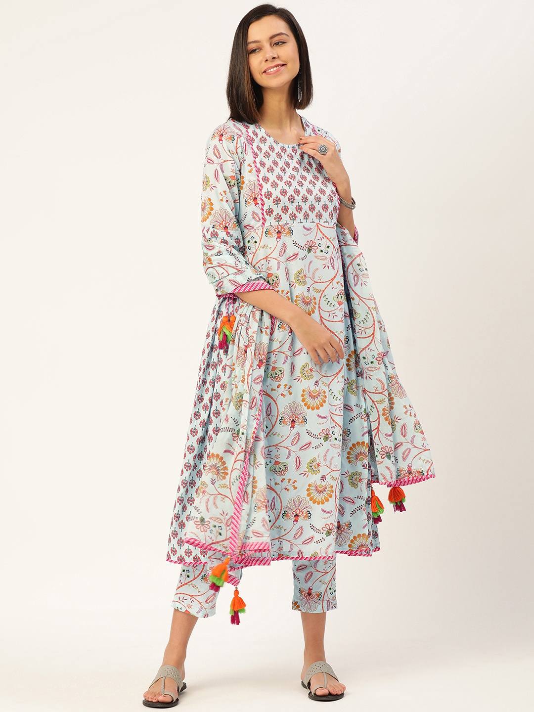 

MAAND Women Blue Floral Printed Sequinned Pure Cotton Kurta with Trousers & With Dupatta