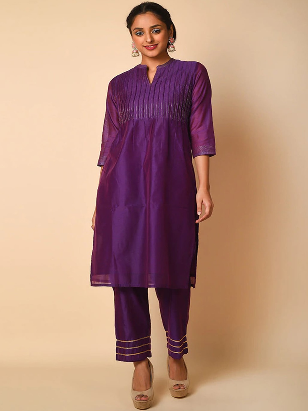 

BARARA ETHNIC Women Purple Pleated Gotta Patti Chanderi Silk Kurta with Trousers