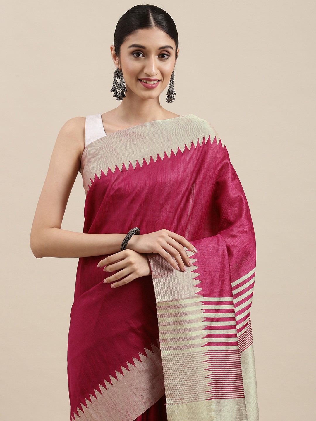 

Mitera Pink & Beige Solid Woven Border Saree