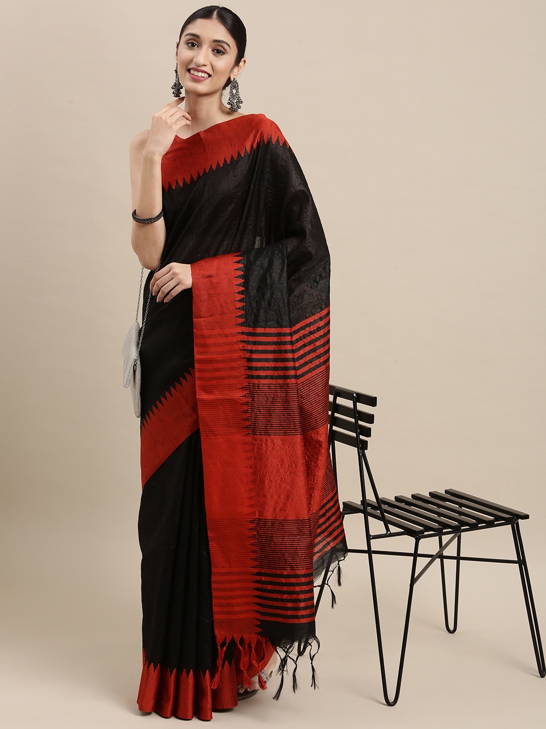 

Mitera Black & Red Solid Woven Border Saree