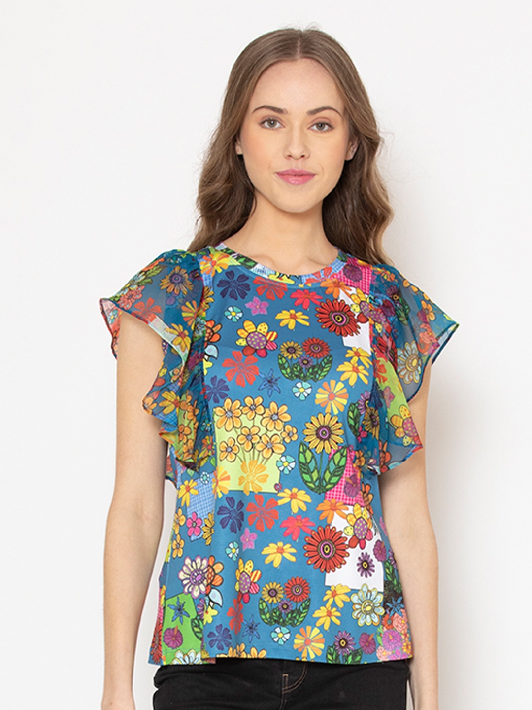 

SHAYE Blue Floral Print Flutter Sleeves Knitted Top