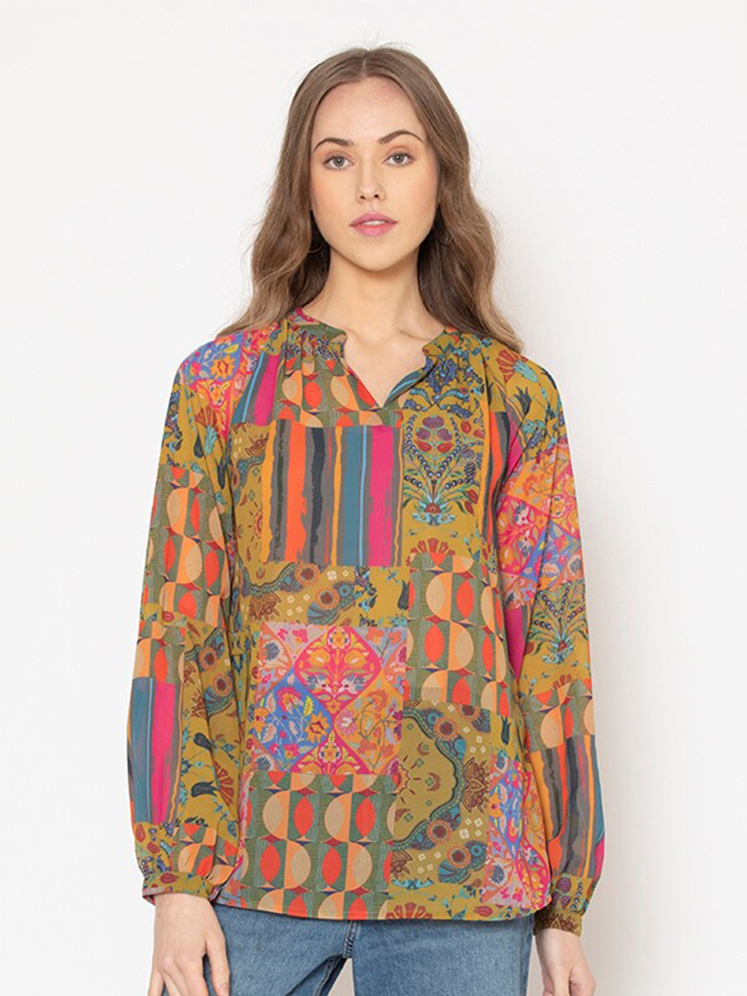 

SHAYE Yellow & Pink Print Mandarin Collar Georgette Shirt Style Top