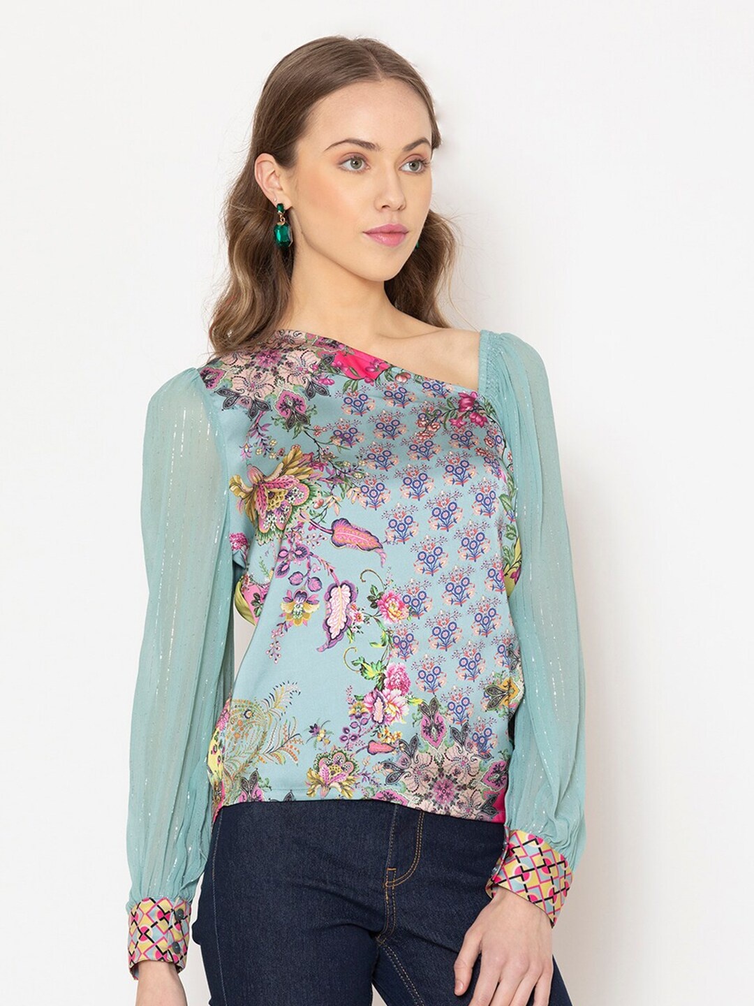 

SHAYE Sea Green & Blue Floral Print Satin Top