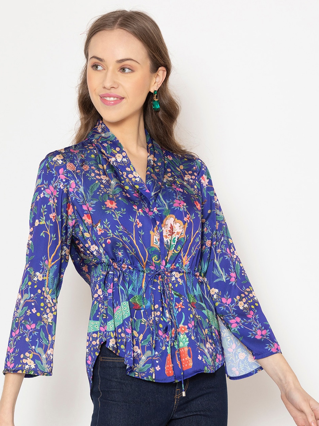

SHAYE Blue Floral Print Satin Cinched Waist Top