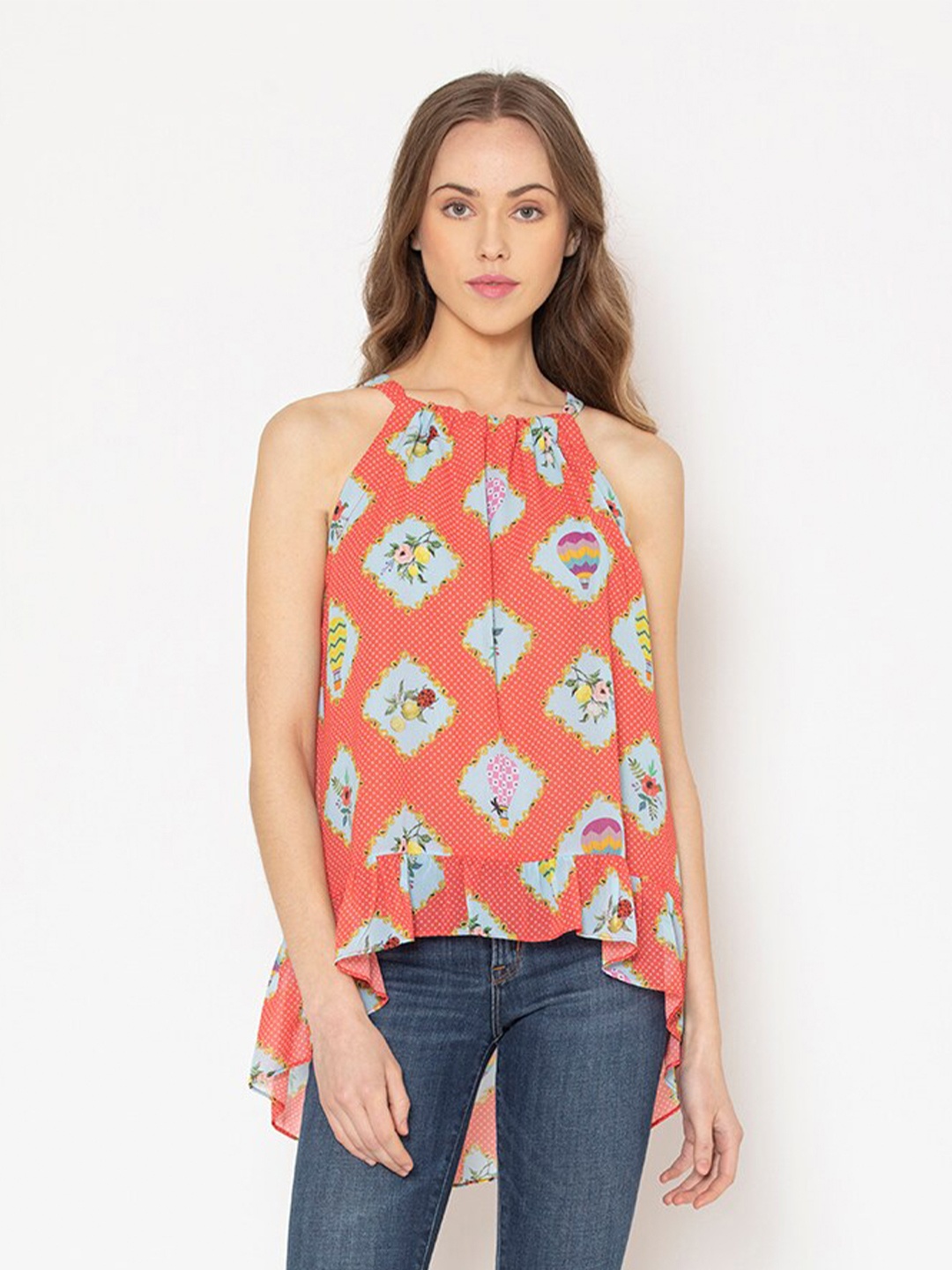 

SHAYE Coral Print Halter Neck Georgette High-Low Top